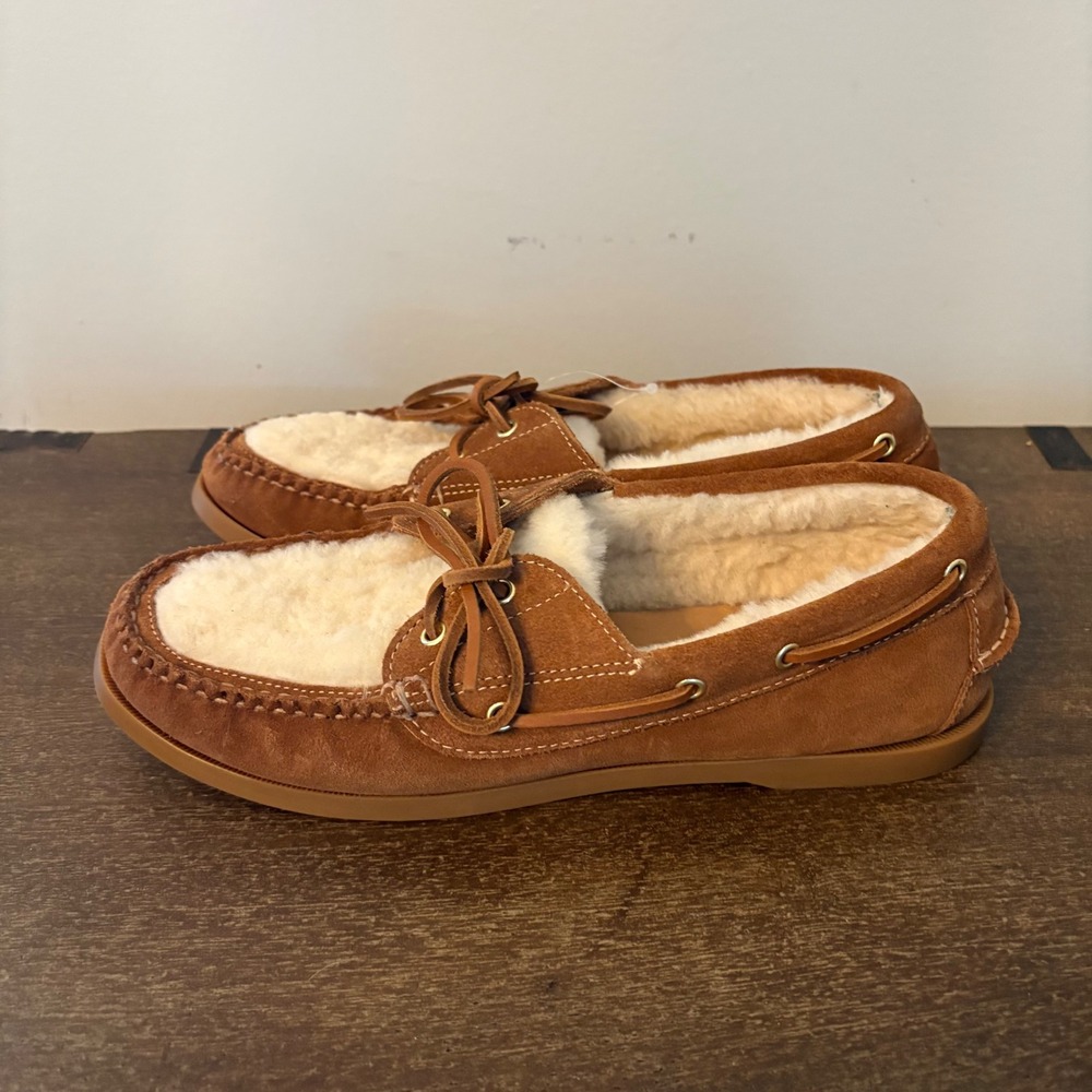 Bass Hampton Shearling Mens Tan Suede Moccasin Boat Shoe Slippers Size 11 M